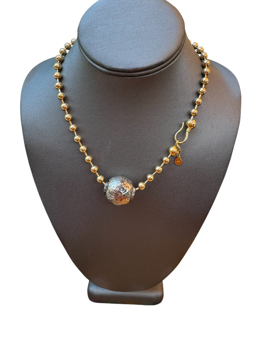 Beaded Chain Yellow Gold & Round Silver Pendant