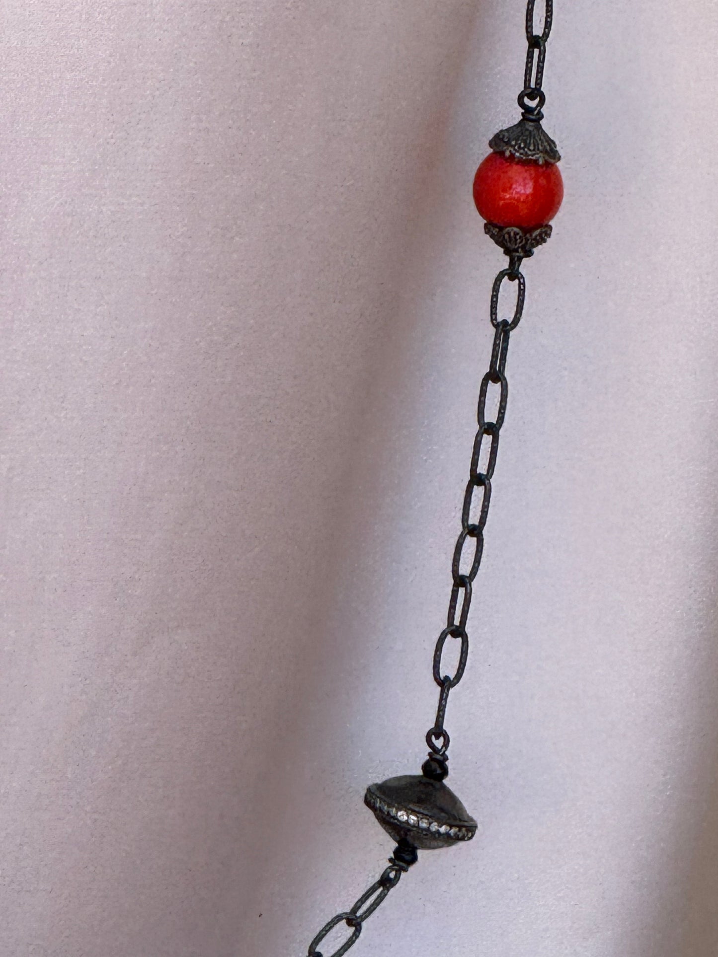 Oxidized Silver & Coral Long Necklace
