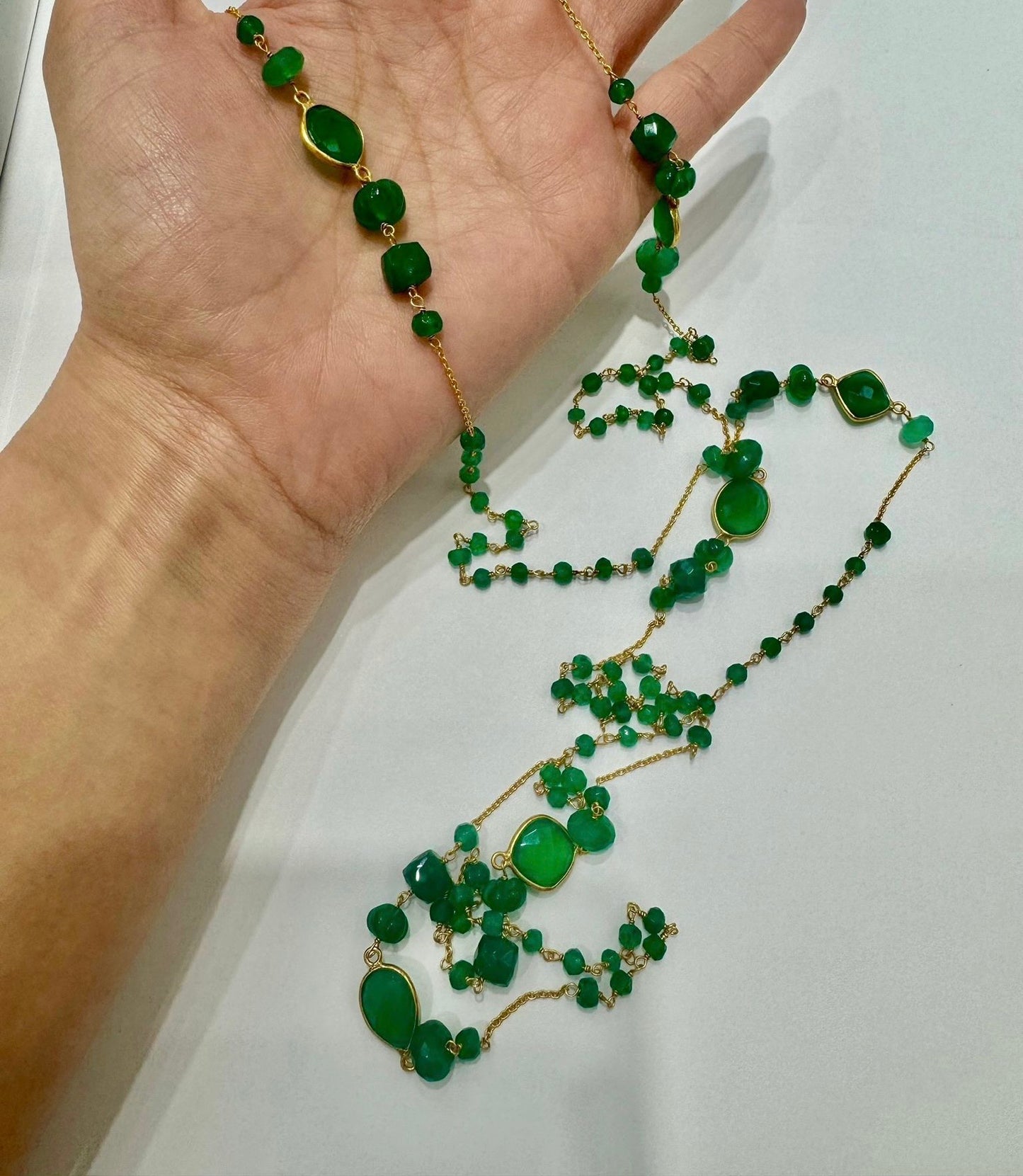 Multi Shape Dark Green Chalcedony Long Dainty Beaded Chain