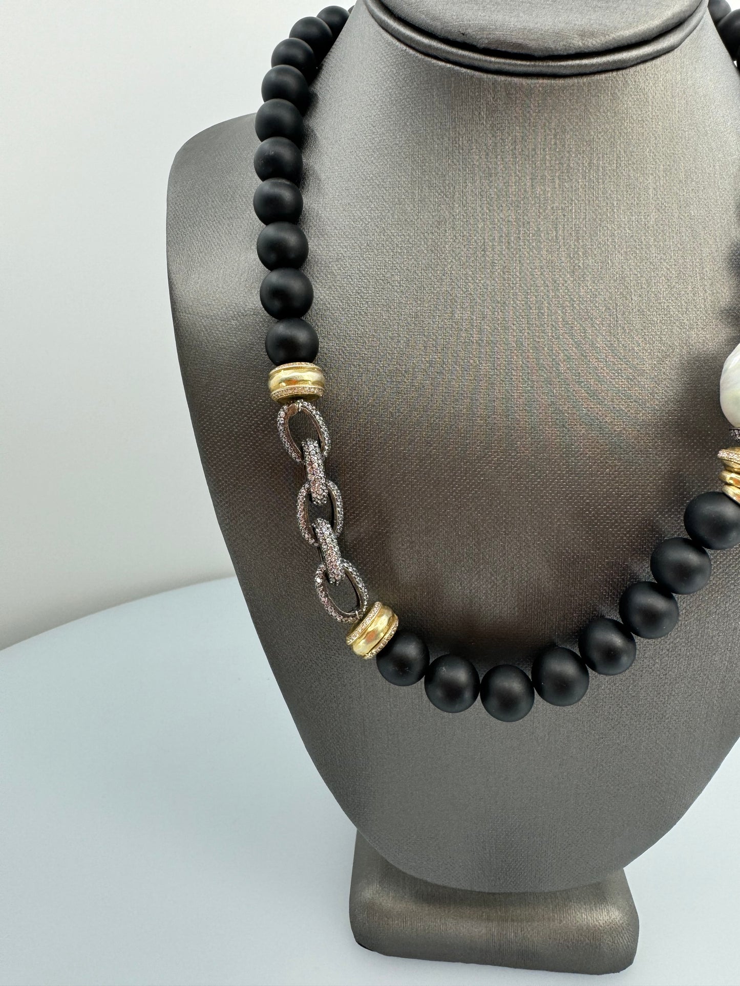 Onyx, Baroque Pearl & Oxidized Silver Necklace