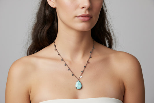 Oxidized  Chain & Larimar Tear Shape Pendant
