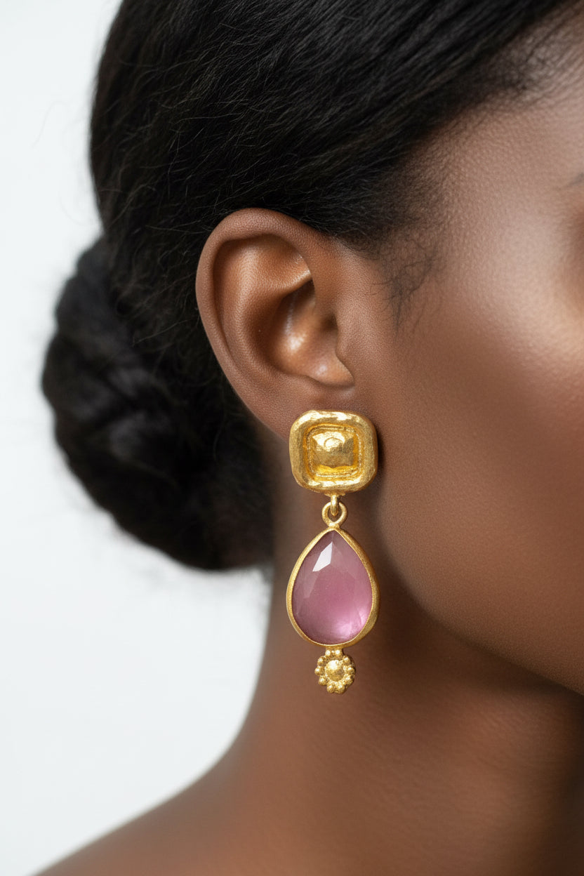 Gold & Pink Chalcedony Tear Drop Earrings