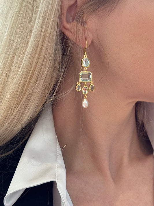 Blue Topaz & Pearl Chandelier Earrings