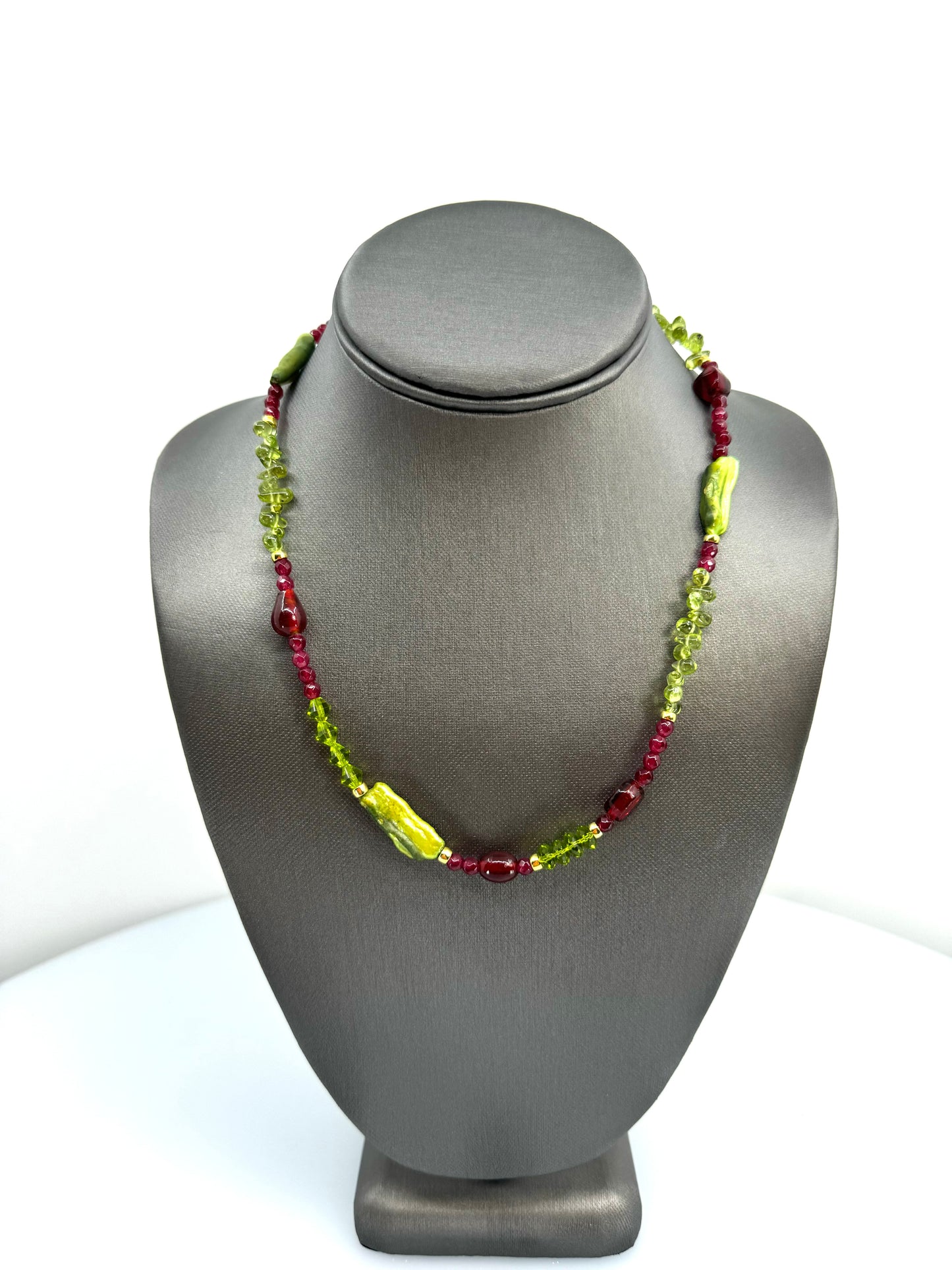 Green Pearl, Peridot, Red Glass Bead Necklace