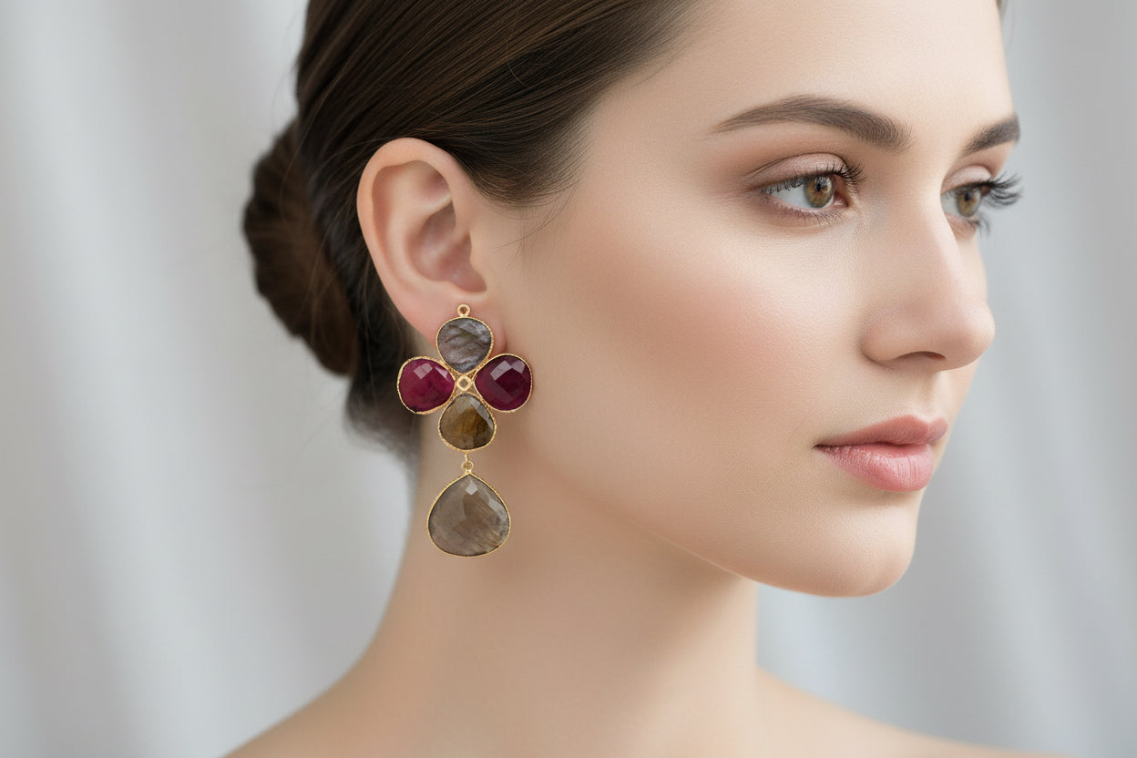Labradorite & Ruby Chandelier Earrings