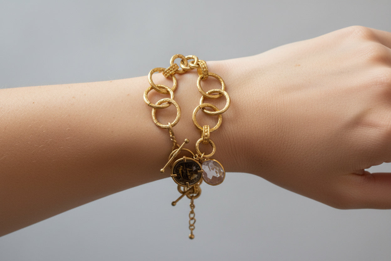 Brass Gold Plated Link Bracelet & Coin & Crystal Tear Drop Charm