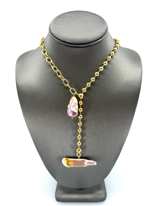 Yellow Gold Chain & Pink Baroque Pearl