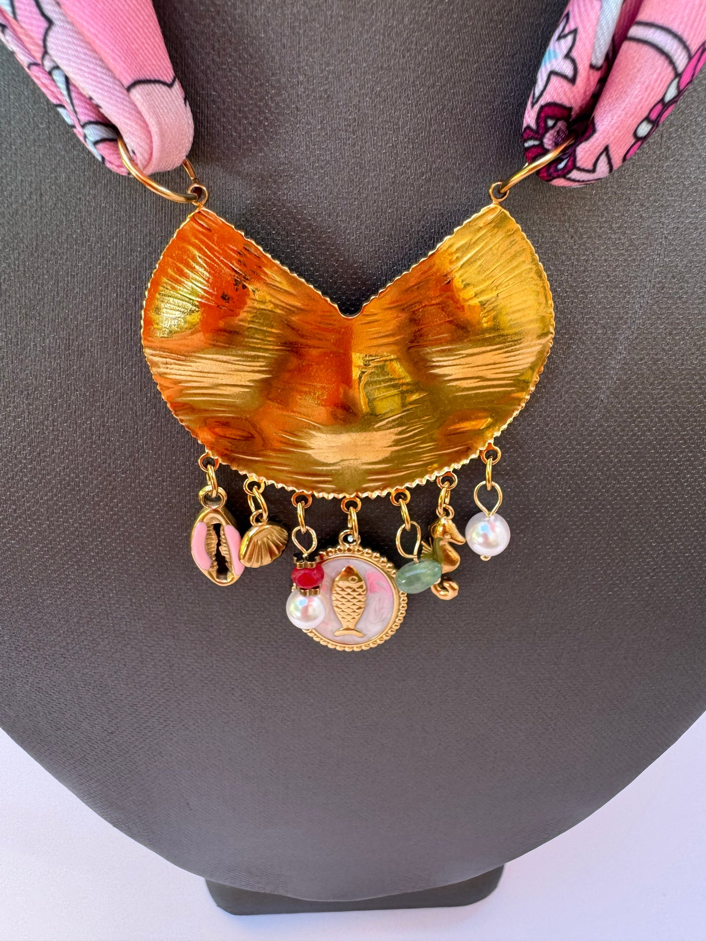 Pink Pattern Silk Blend Scarf Necklace & Pendant