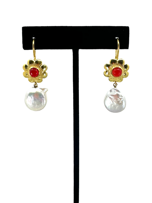 Red Crystal & Coin Pearl Drop Earrings