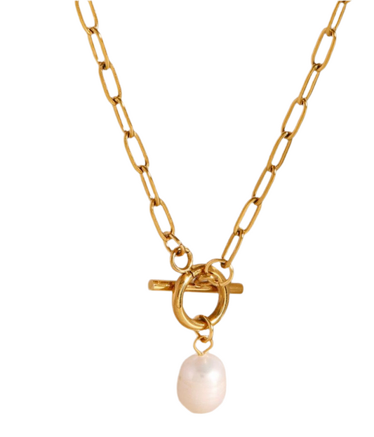 Golden Chain & Drop Charm Pearl Necklace