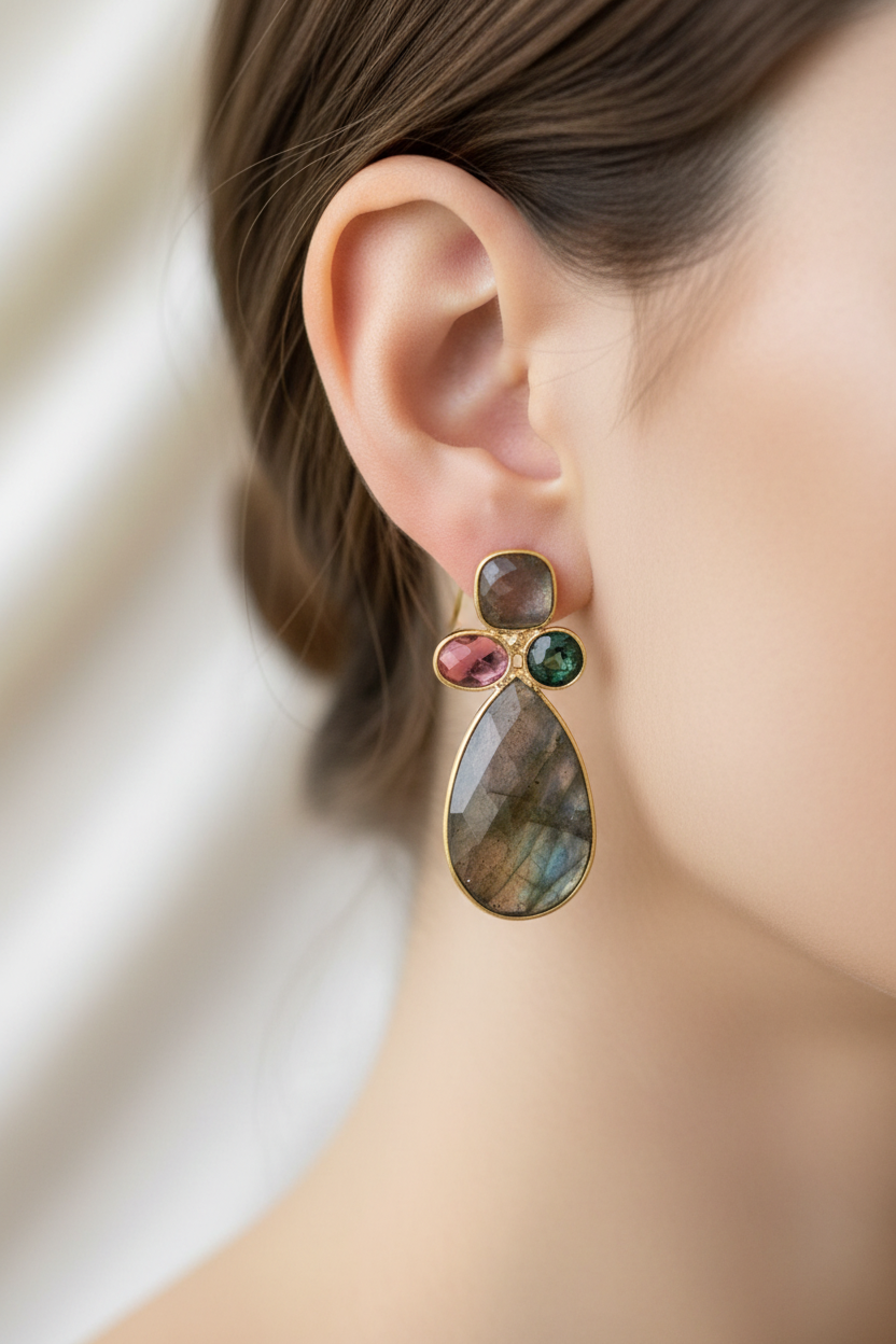 Labradorite, Pink Tourmaline & Emerald Drop Earrings