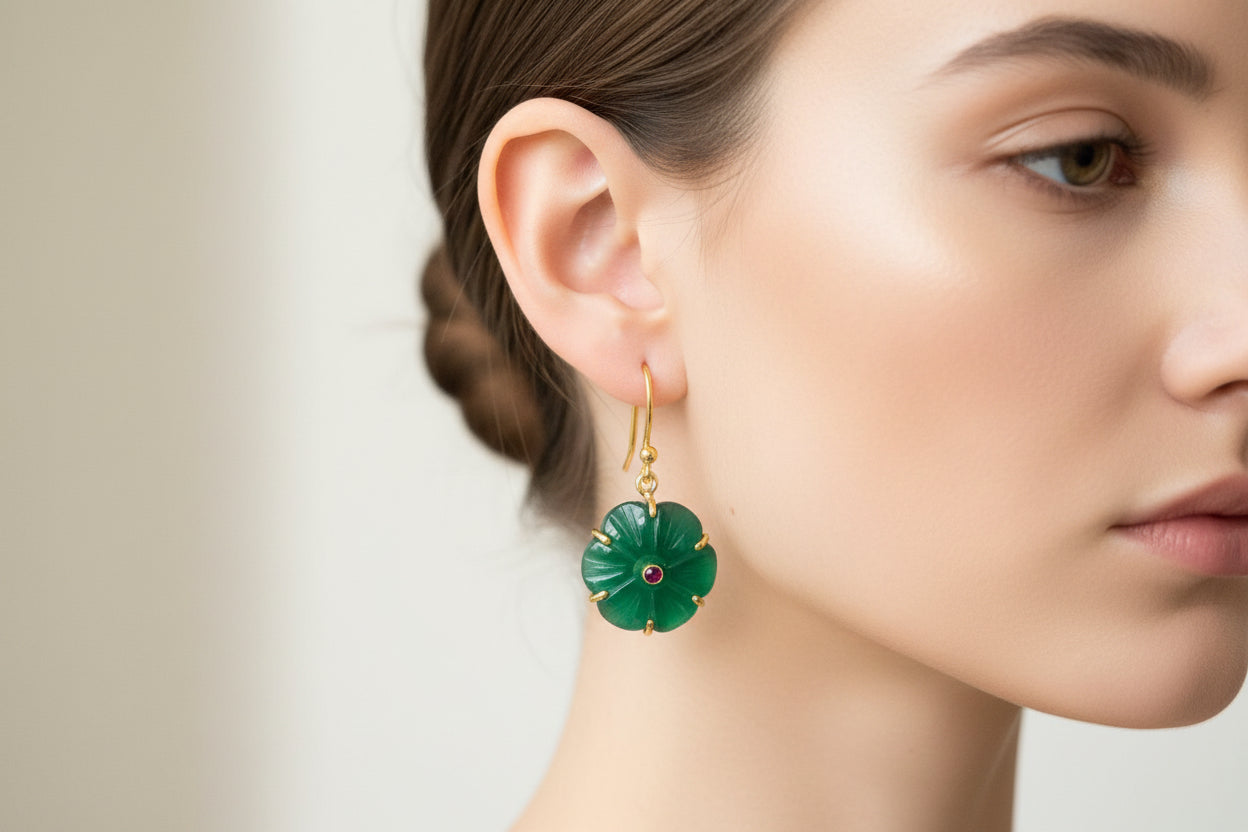 Carved Green Agate & Garnet Flower Drop Earrings