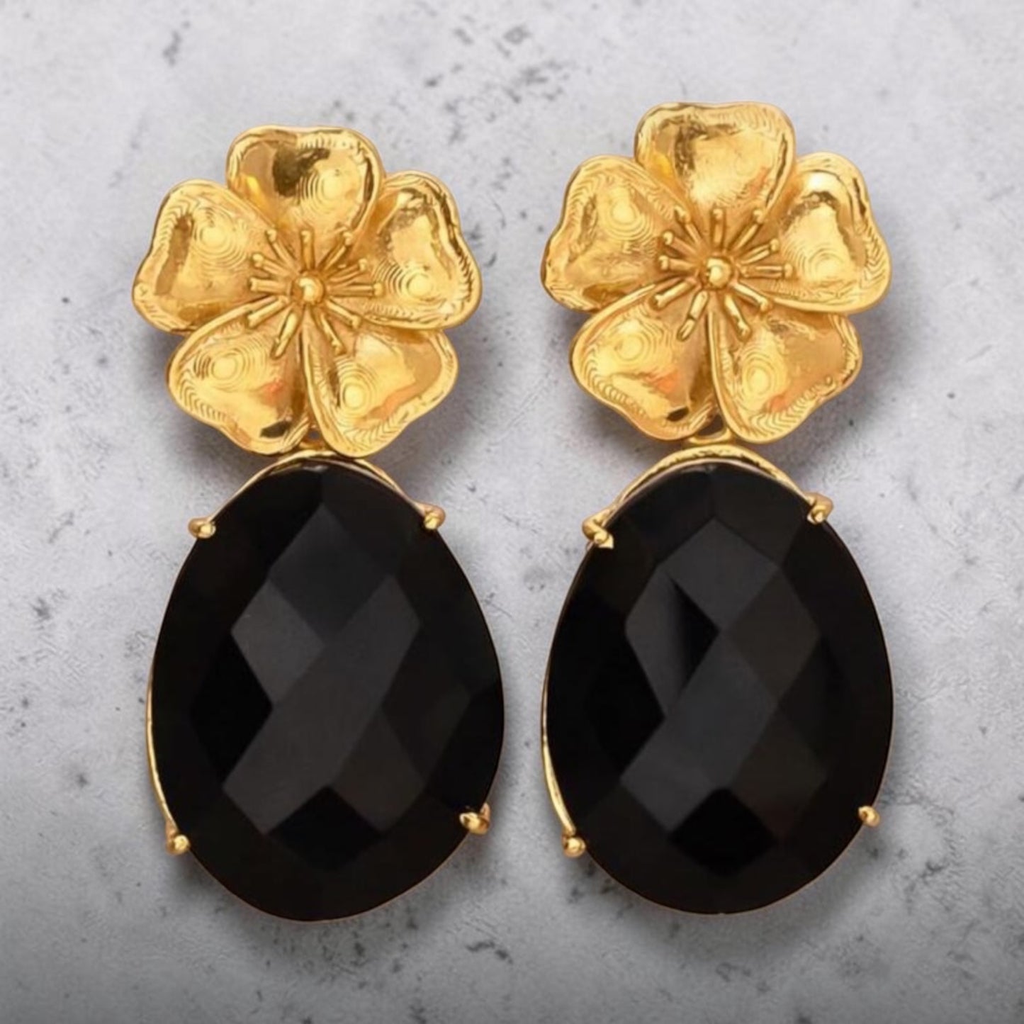 Black Onyx Gold Flower Top Tear Drop Earrings