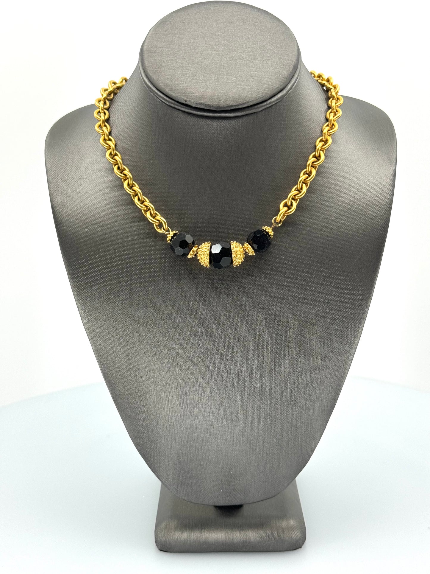 Yellow Gold  Chain & Black Faceted Crystal Necklace