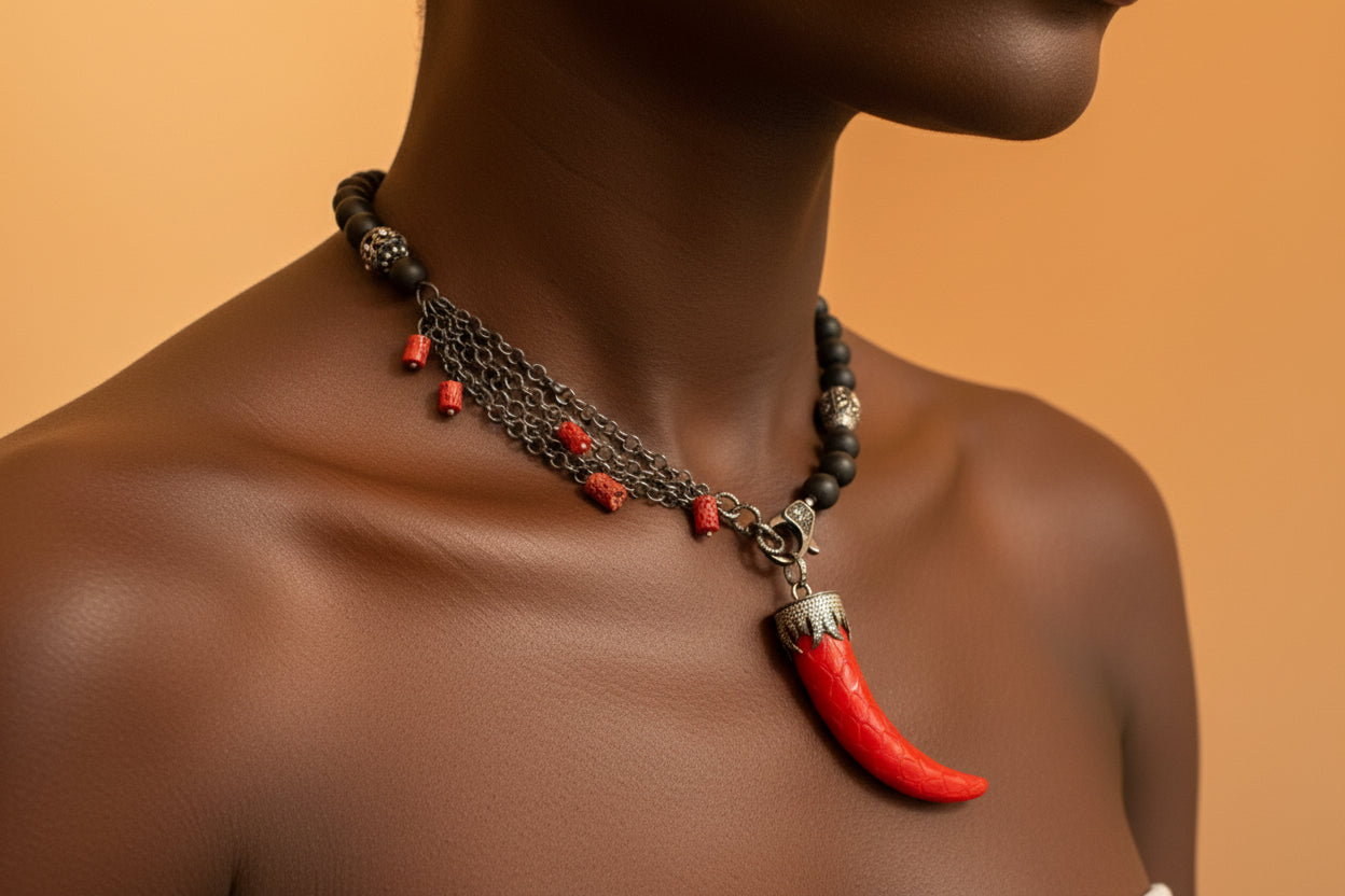 Onyx, Red Coral, Oxidized Silver Beads, Red Leather Horn Pendant Necklace