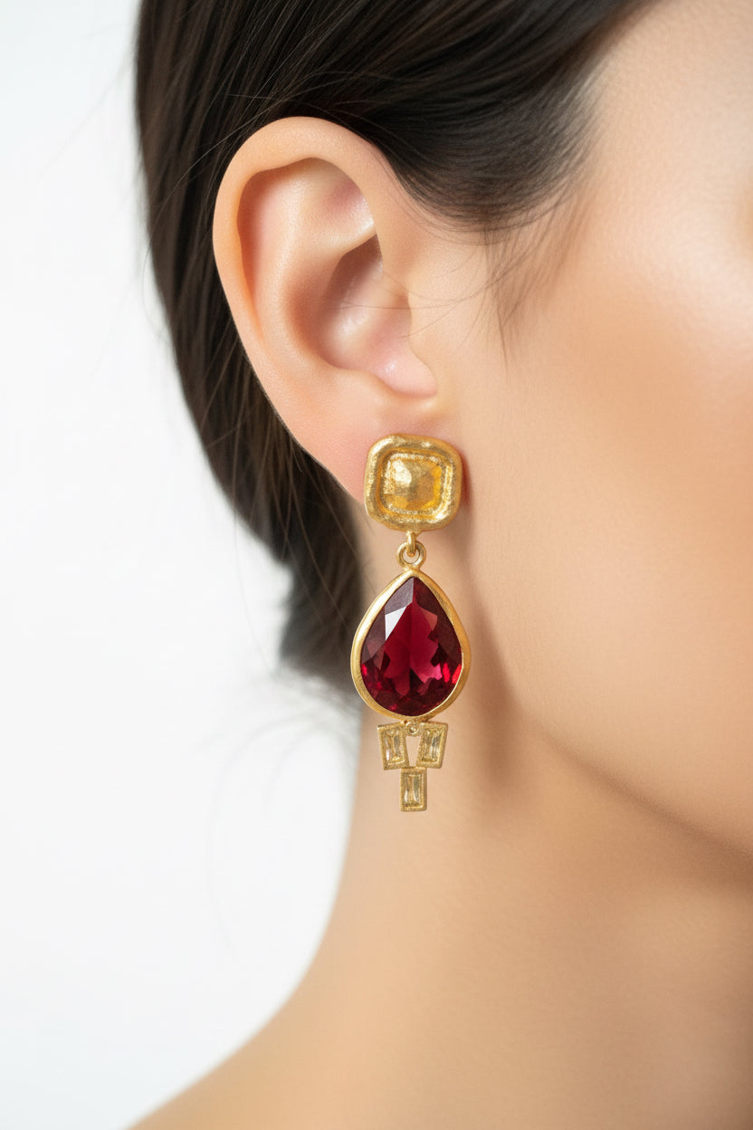 Gold & Raspberry Chalcedony Tear Drop Earrings