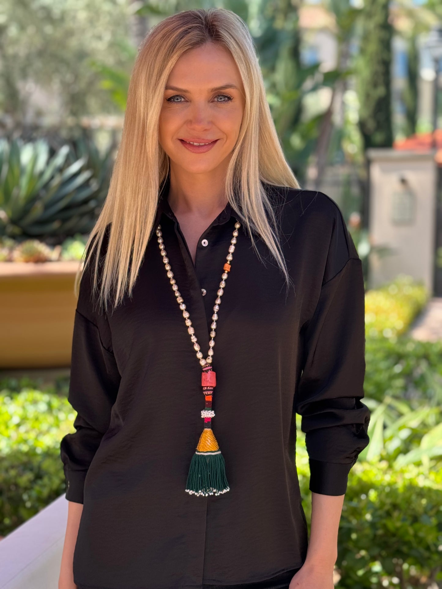 Bohemian Pearl & Green Thread Tassel
