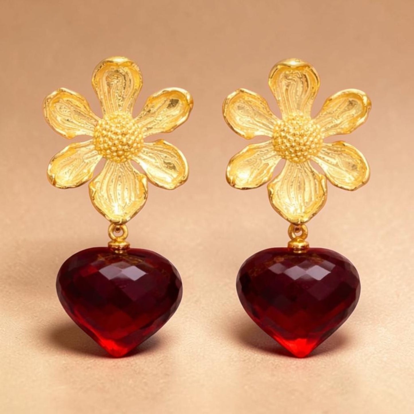 Red Quartz Tear Drop Flower Top Earrings