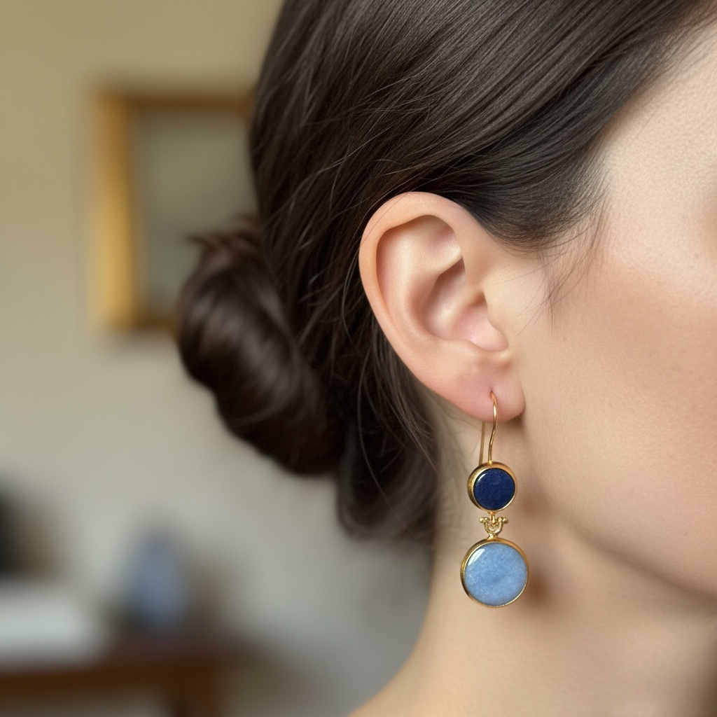 Double Round Lapis & Blue Agate Drop Earrings