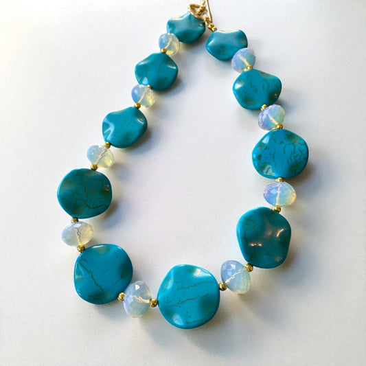 Large Flat Turquoise Bead & Faceted Moonstone Necklace