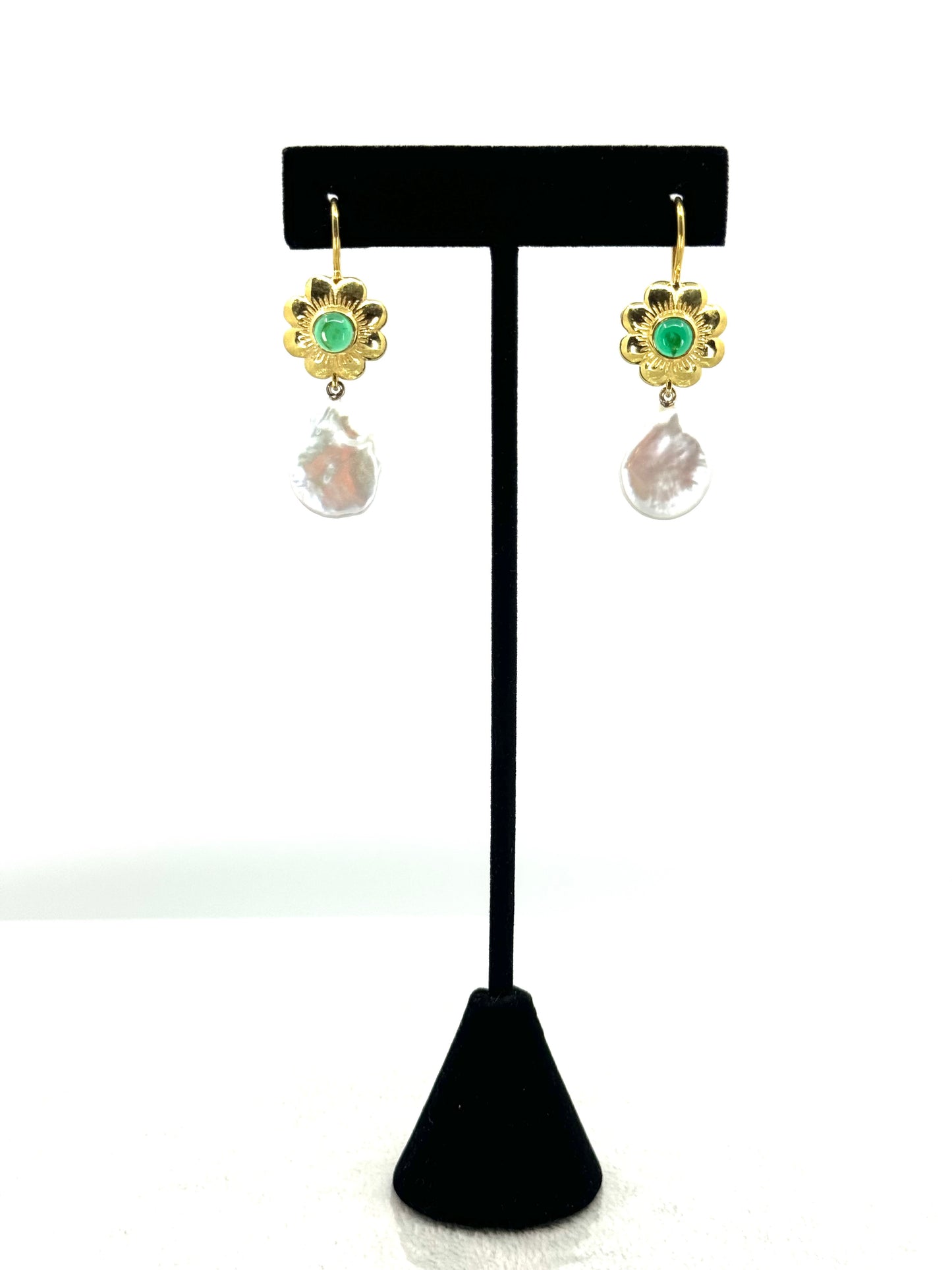 Green Crystal & Coin Pearl Drop Earrings