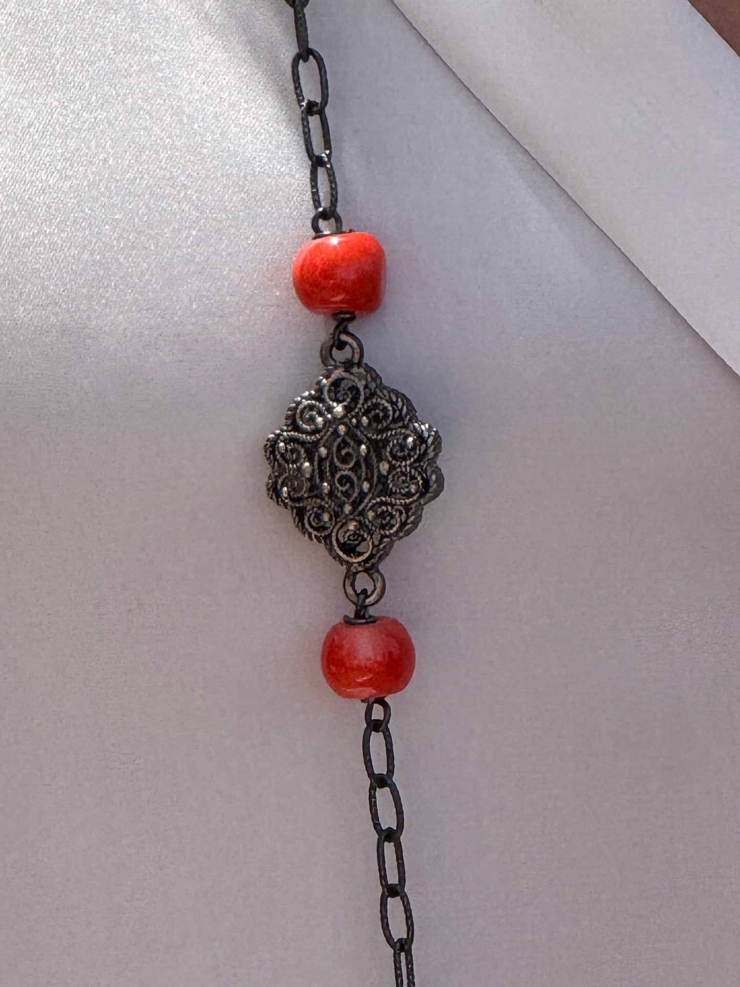 Oxidized Silver & Coral Long Necklace