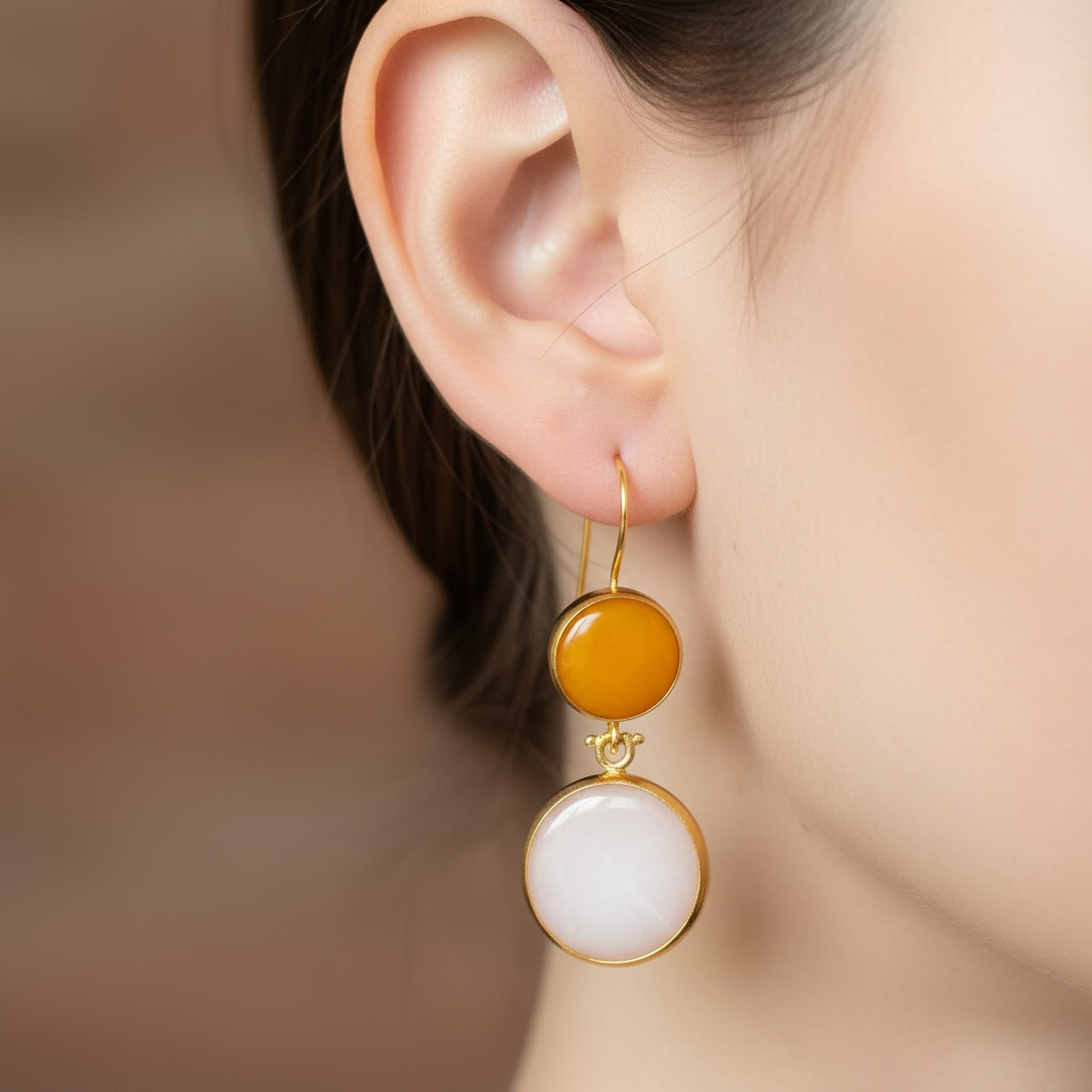 Double Round Light Link and Mustard Yellow Agate Drop Earrings