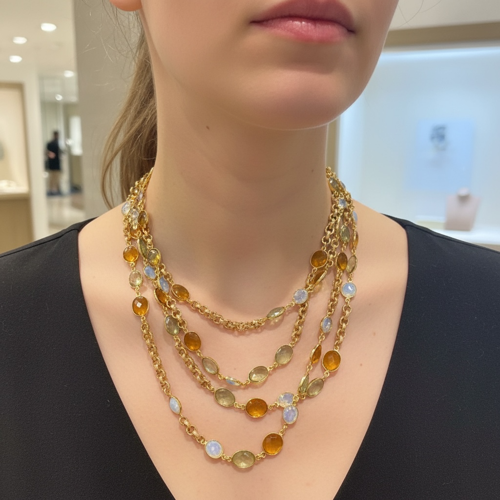 Bezel Set Smoky Quartz & Pink Opalite & Chain Long Necklace