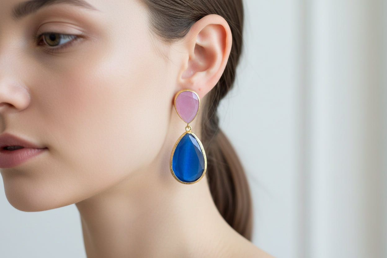 Tear Shape Light Pink & Blue Chalcedony Earrings