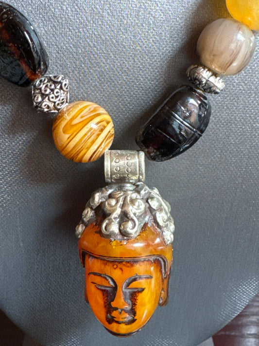 Vintage Multi Bead Necklace & Buddha Pendant