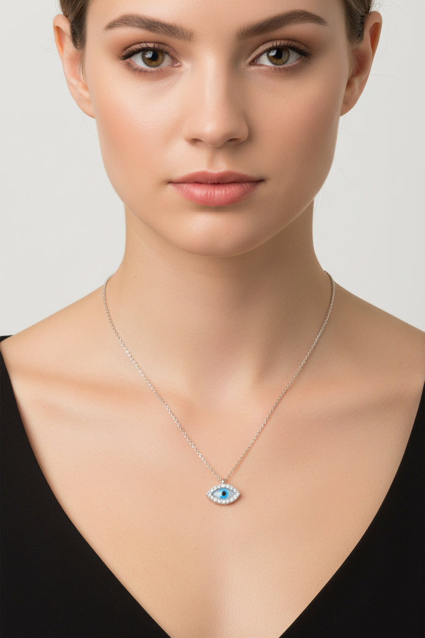 White Gold Vermeil Double Sided Dainty Mother of Pearl Evil Eye Necklace