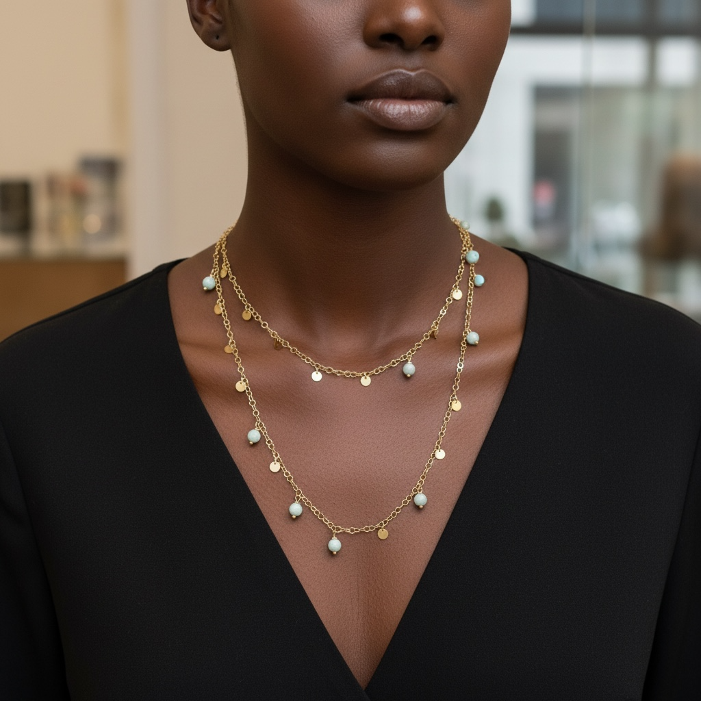Yellow Gold Vermeil Chain, Larimar & Round Yellow Gold Vermeil Drops Necklace