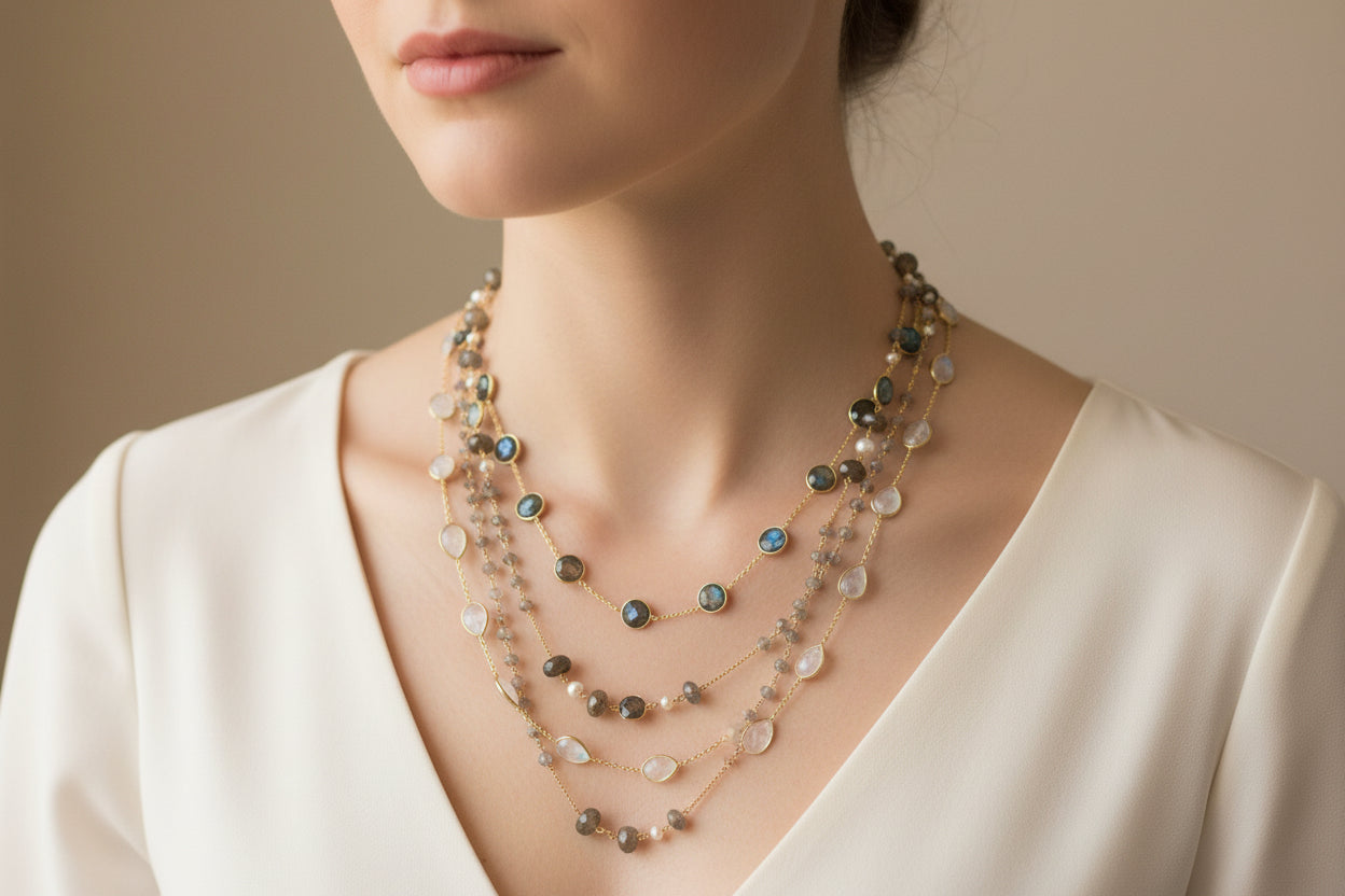 Round Sliced Cut Labradorite Dainty Beaded Chain
