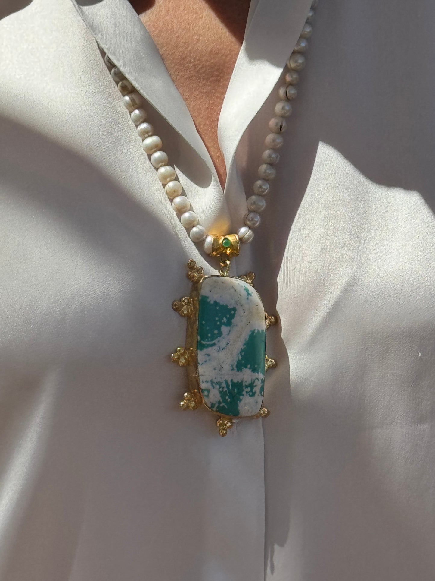 Long Pearl Necklace & Large White & Blue Agate Pendant