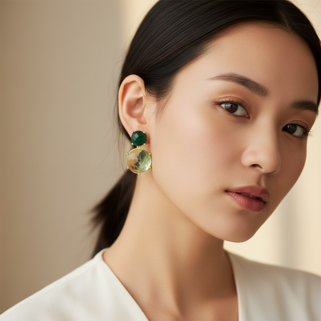 Round Green Agate & Lime Green Clear Chalcedony  Earrings