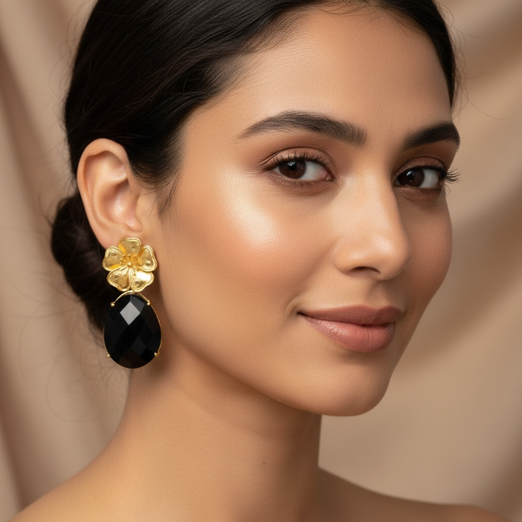 Black Onyx Gold Flower Top Tear Drop Earrings