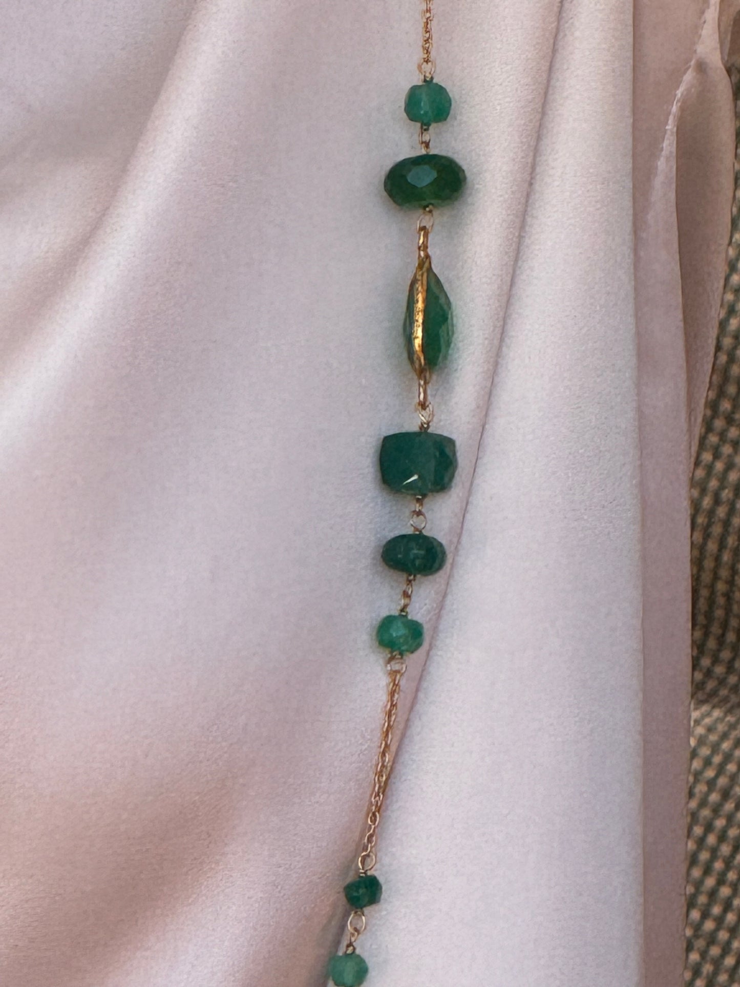 Multi Shape Dark Green Chalcedony Long Dainty Beaded Chain