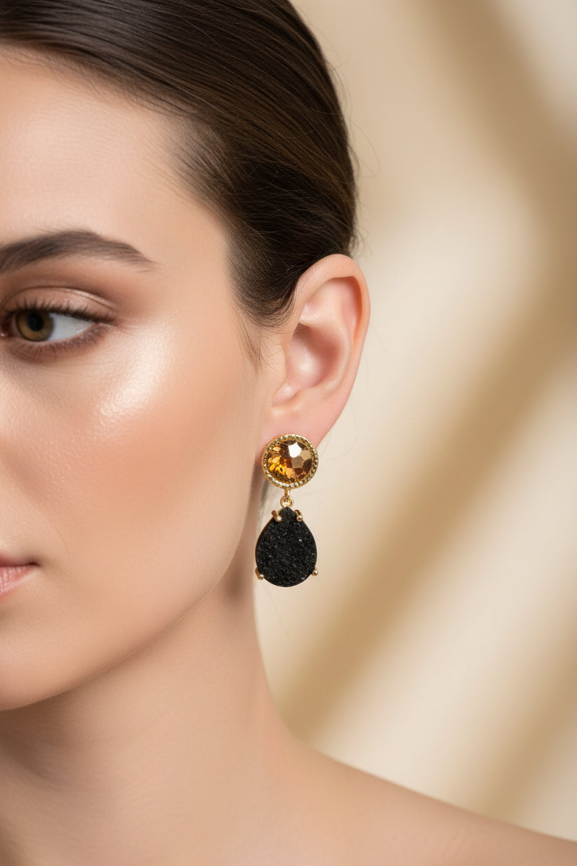Black Quartz Tear Drop Earrings
