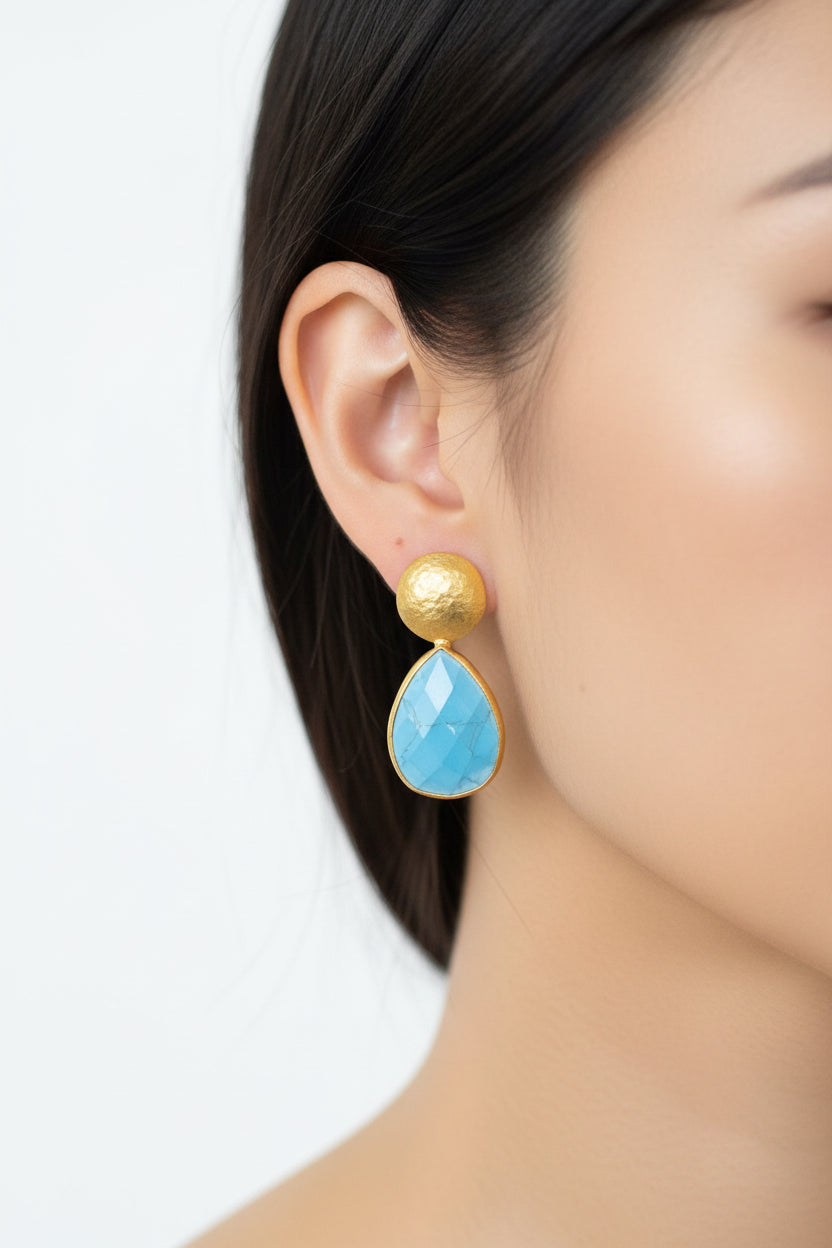 Gold Top, Blue Agate Tear Drop Earrings