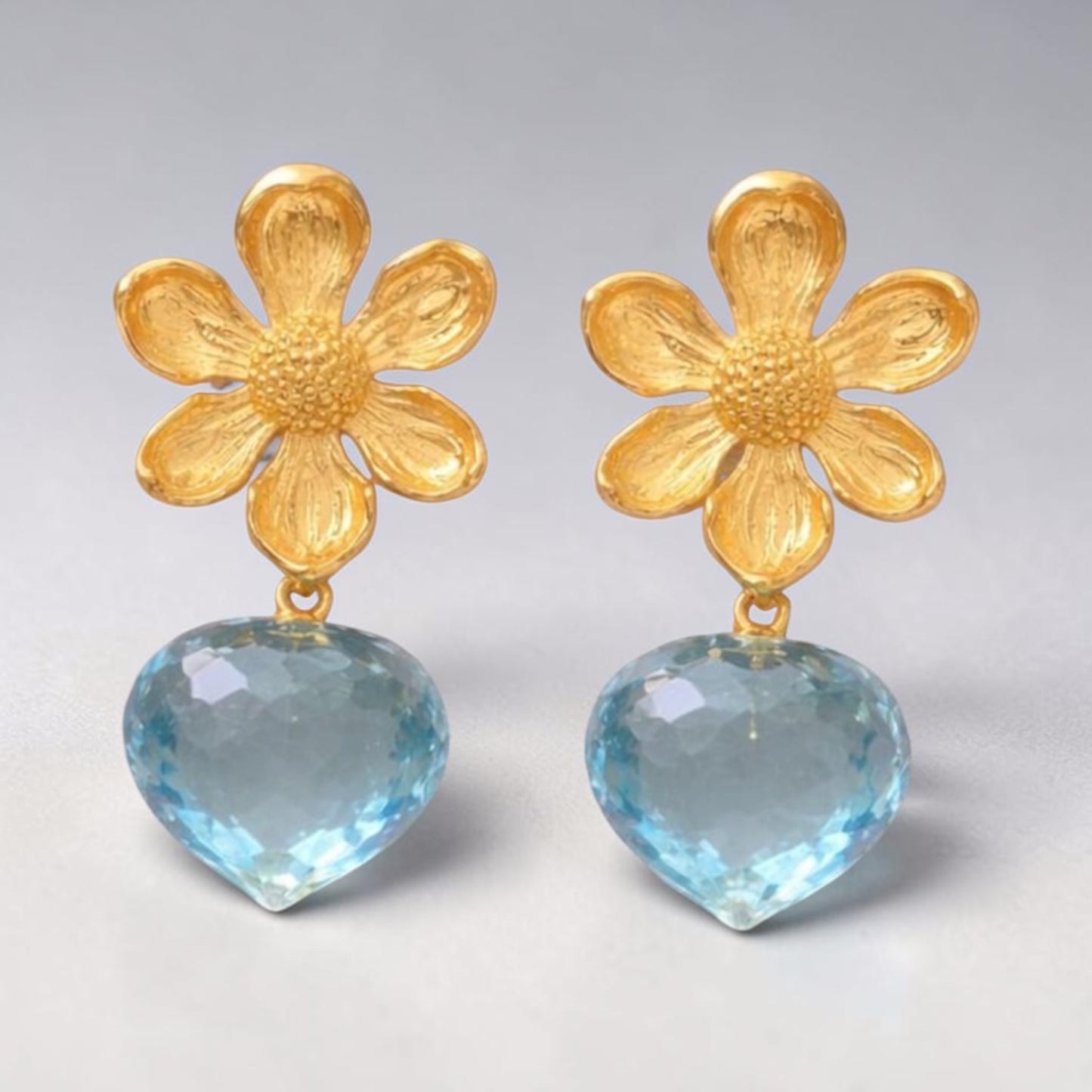 Aqua Blue Quartz Tear Drop Flower Top Earrings