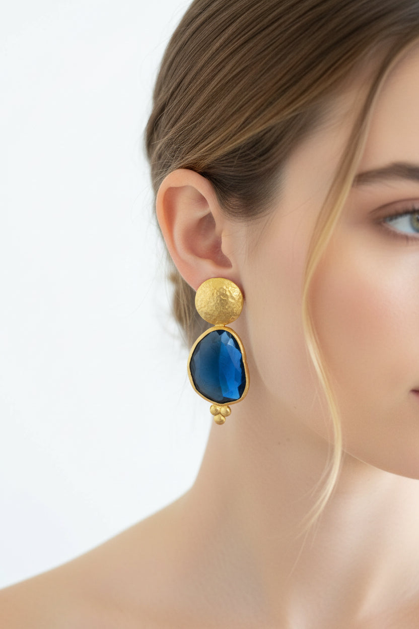 Gold Top, Sapphire Blue Chalcedony Tear Drop Earrings