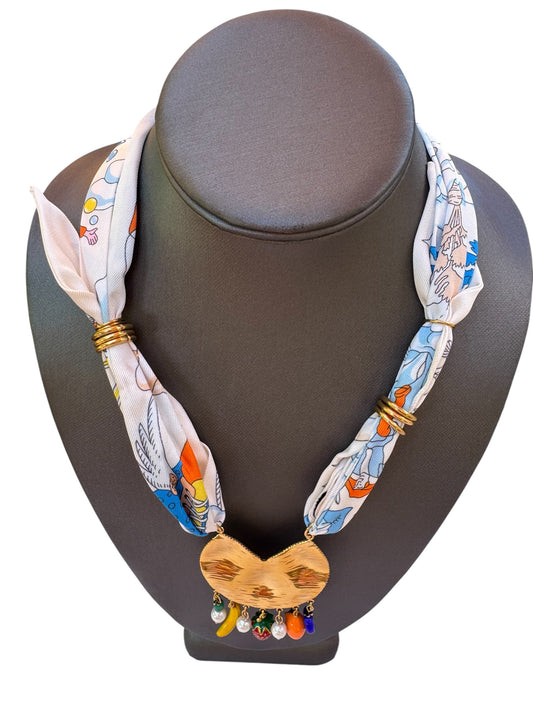 Blue Pattern Silk Blend Scarf Necklace & Pendant