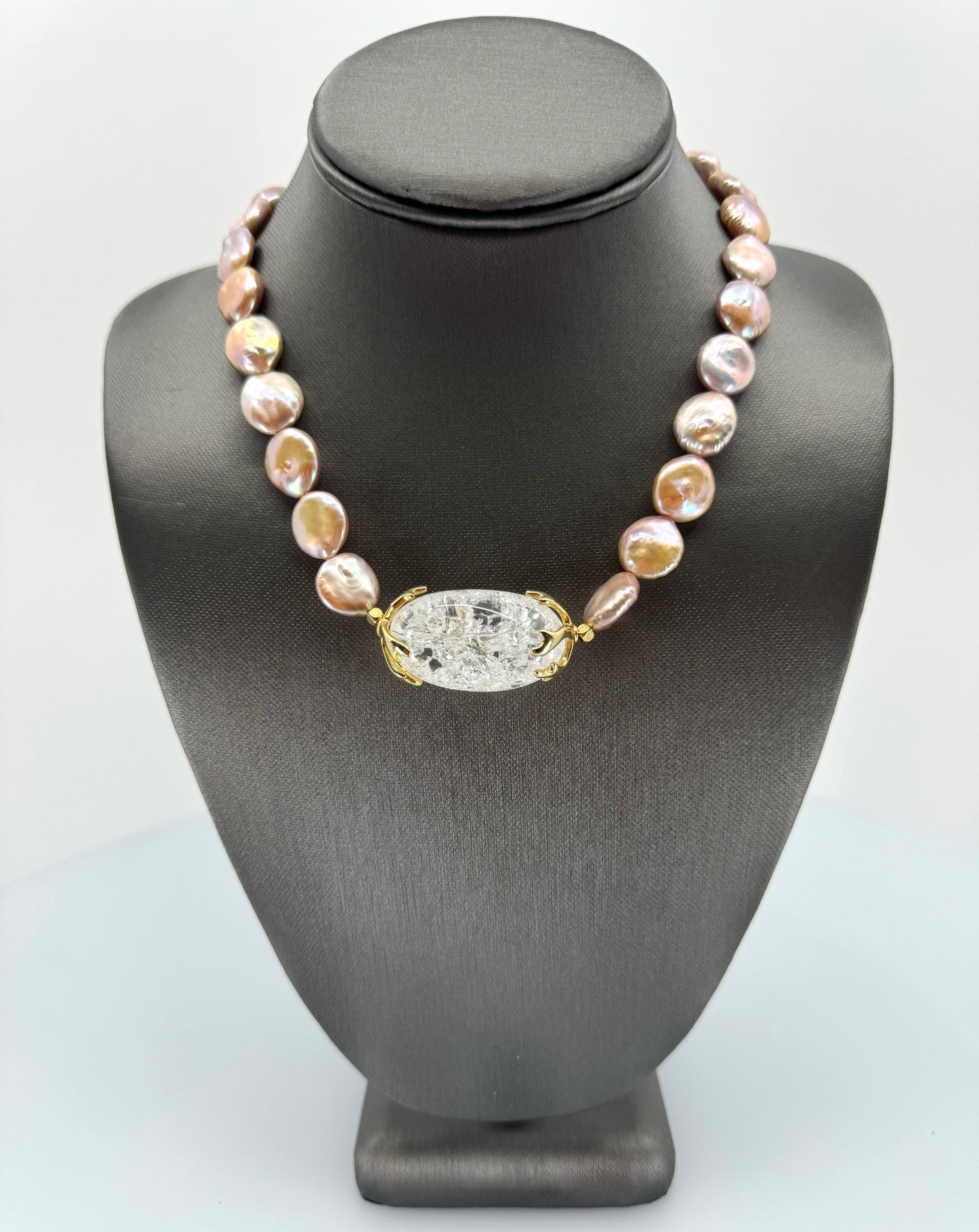 Pink Coin Pearl & Large Milky White Crystal Necklace