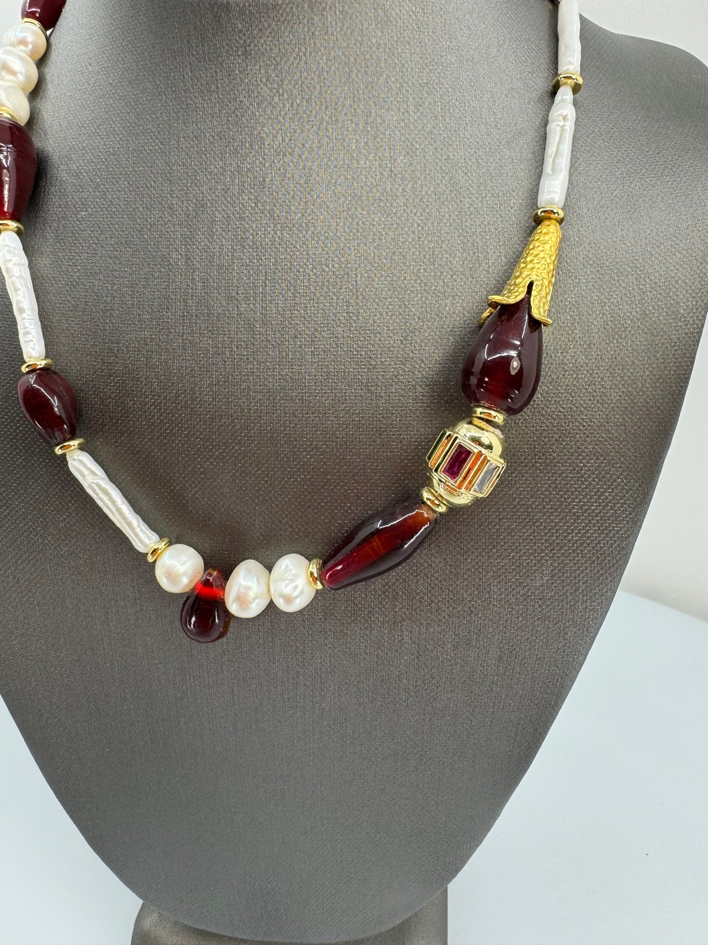 Pearl, Antique Red Glass Bead Necklace