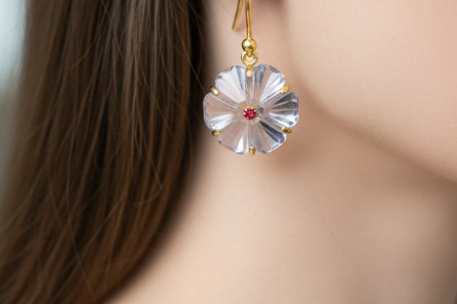 Carved Amethyst & Garnet Flower Drop Earrings