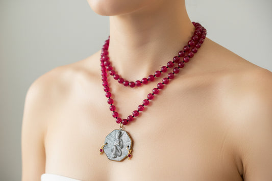 Knotted Long Red Chalcedony Bead Necklace & Large Buddha Pendant