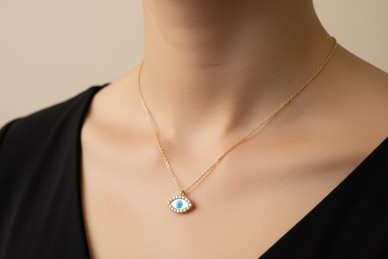 Yellow Gold Vermeil Double Sided Dainty Mother of Pearl Evil Eye Necklace