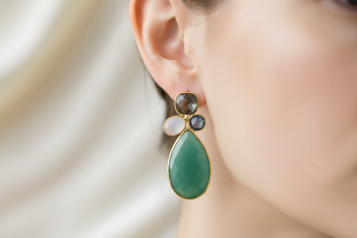 Green Onyx, Labradorite & Rainbow Moonstone Drop Earrings