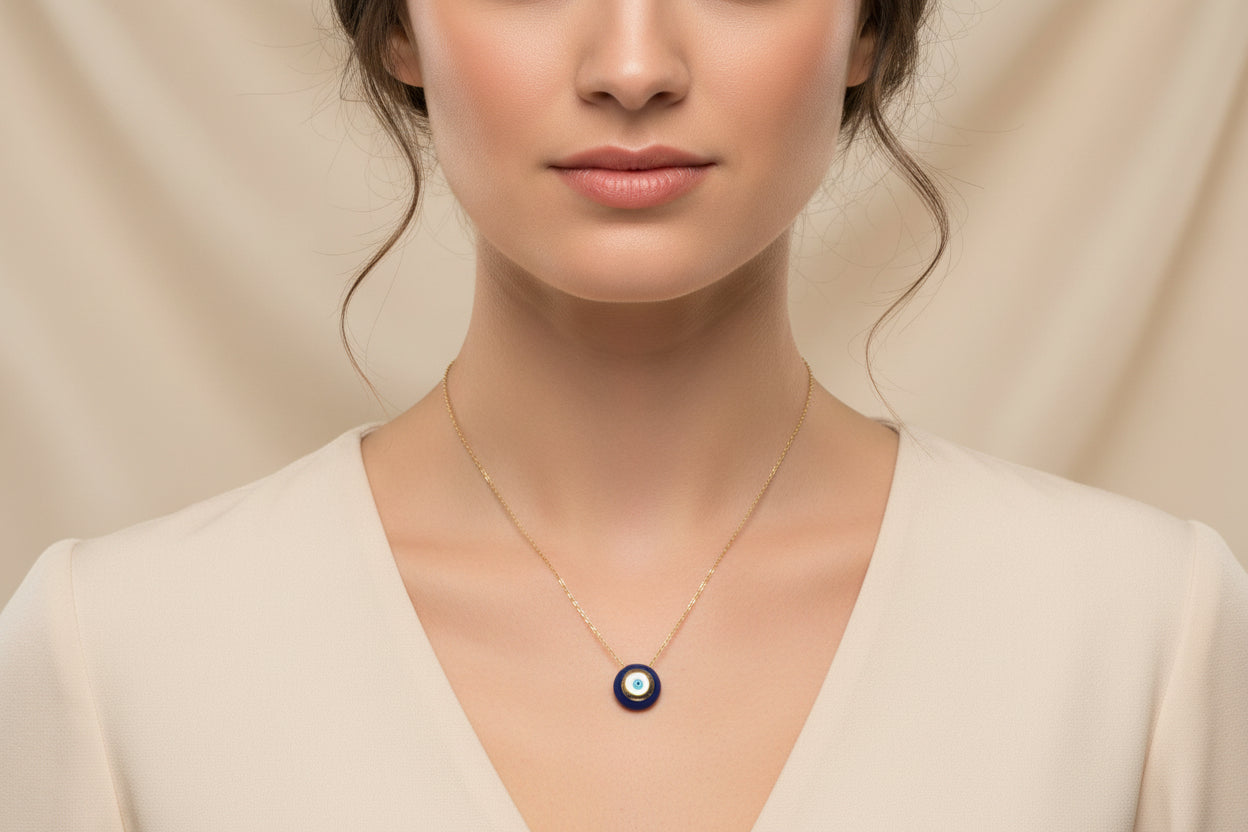 Yellow Gold Vermeil Navy Blue Enamel Round Eye Necklace