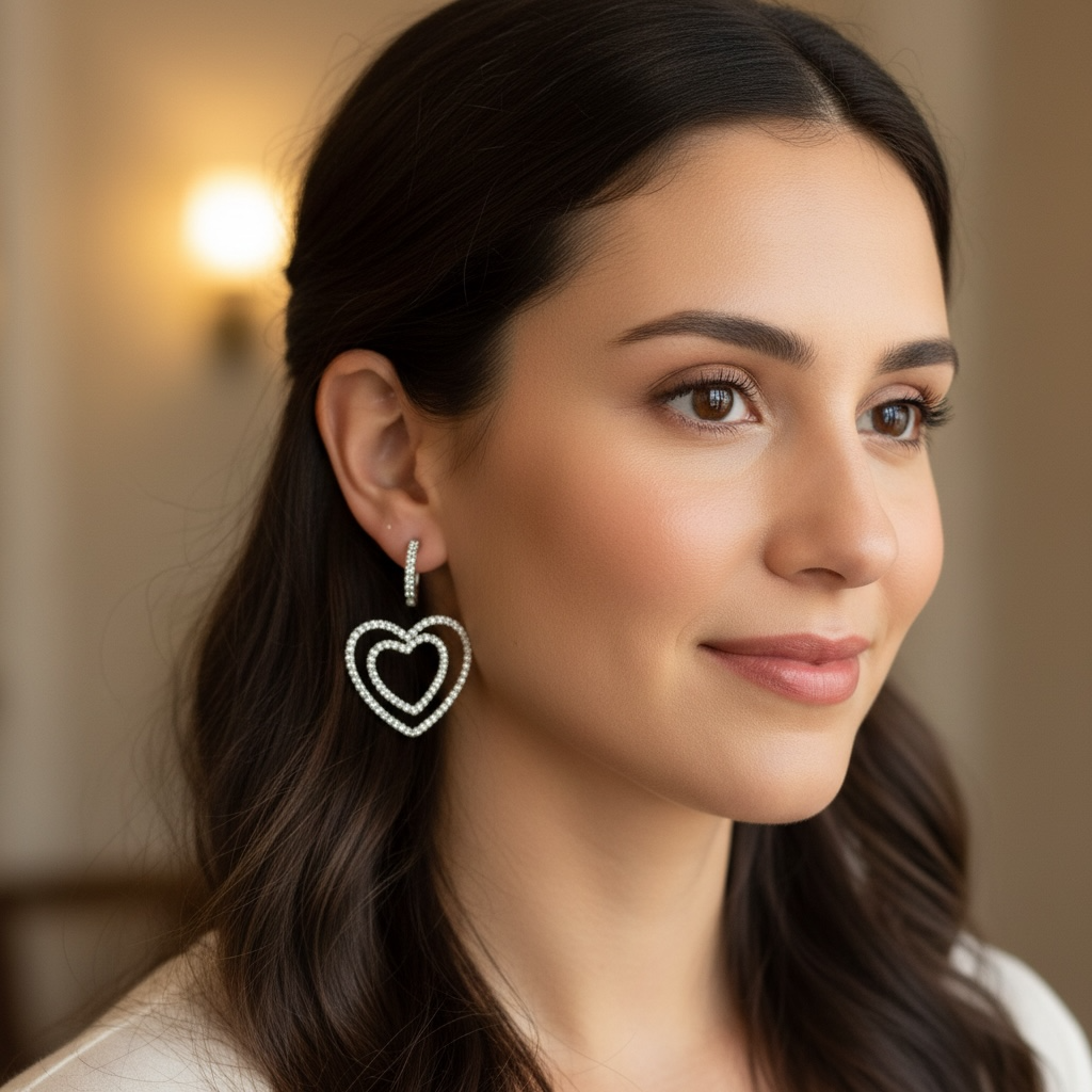 White Gold Double Heart Jacket Earrings